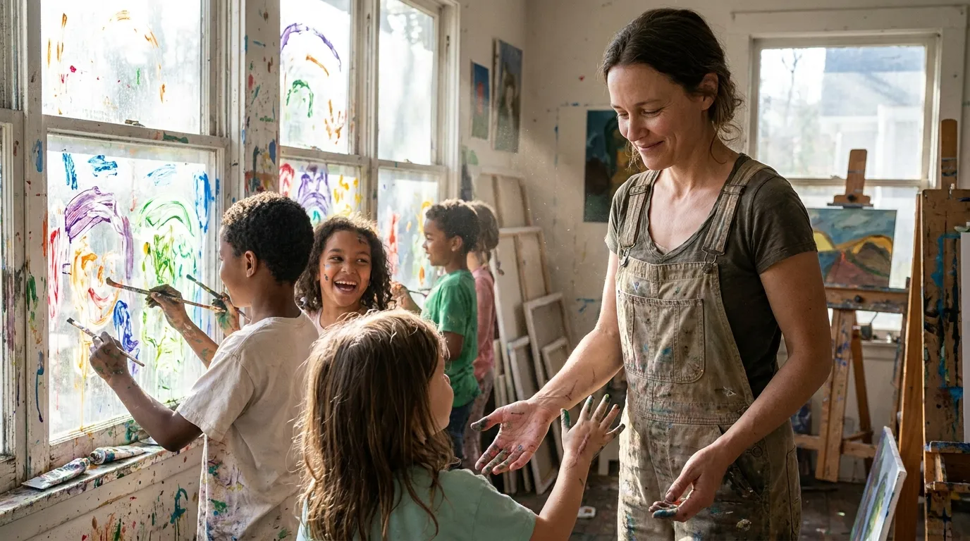 Vibrant art studio with children painting on windows