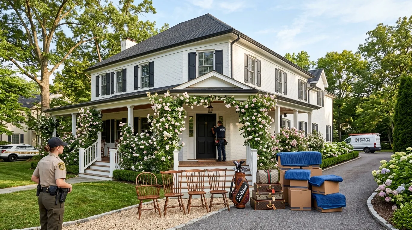Antique chairs, designer luggage, and moving boxes sitting neatly on the curb outside a white colonial house.
