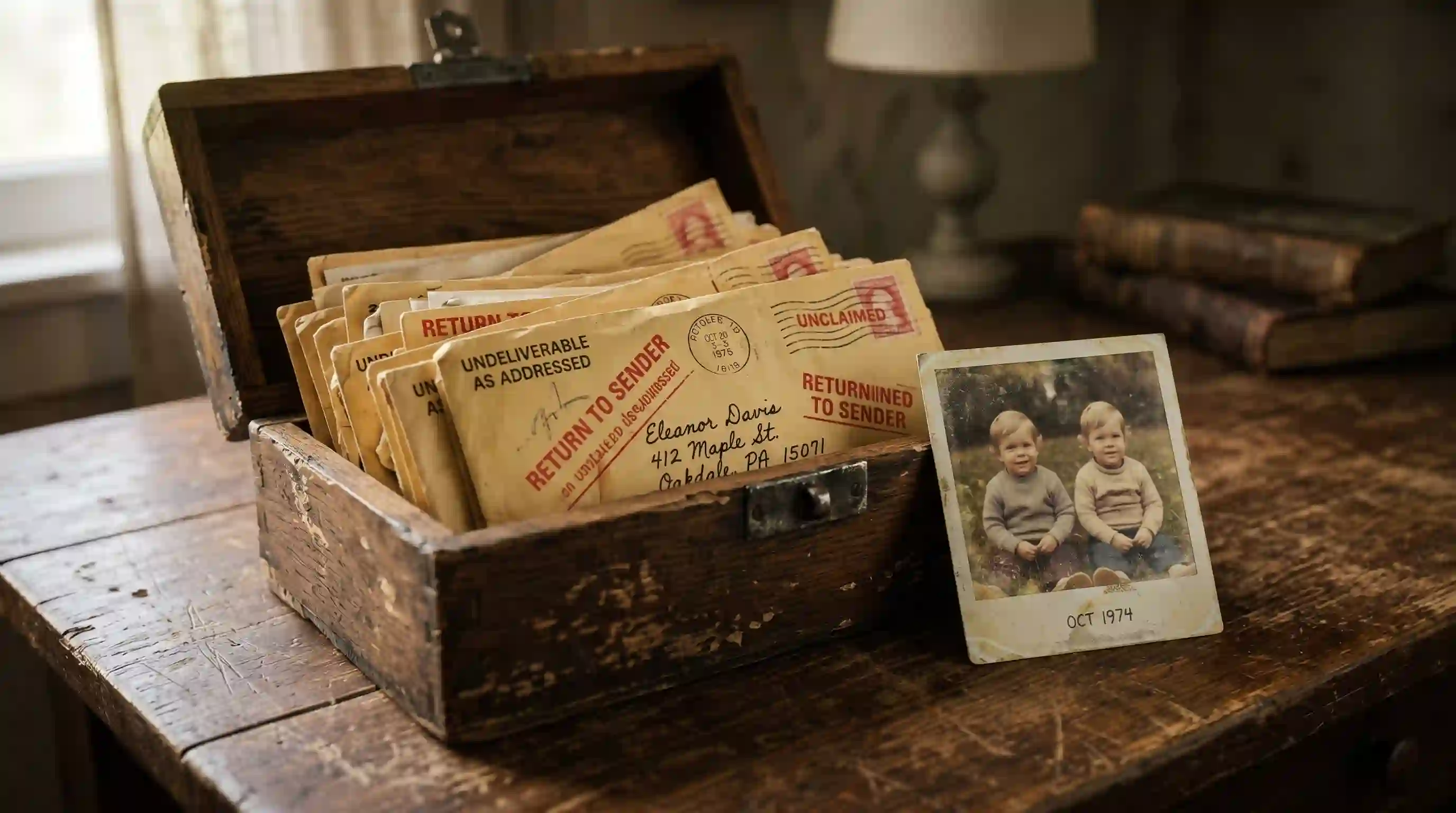 A worn wooden box filled with dozens of aging envelopes covered in red Return to Sender postal stamps