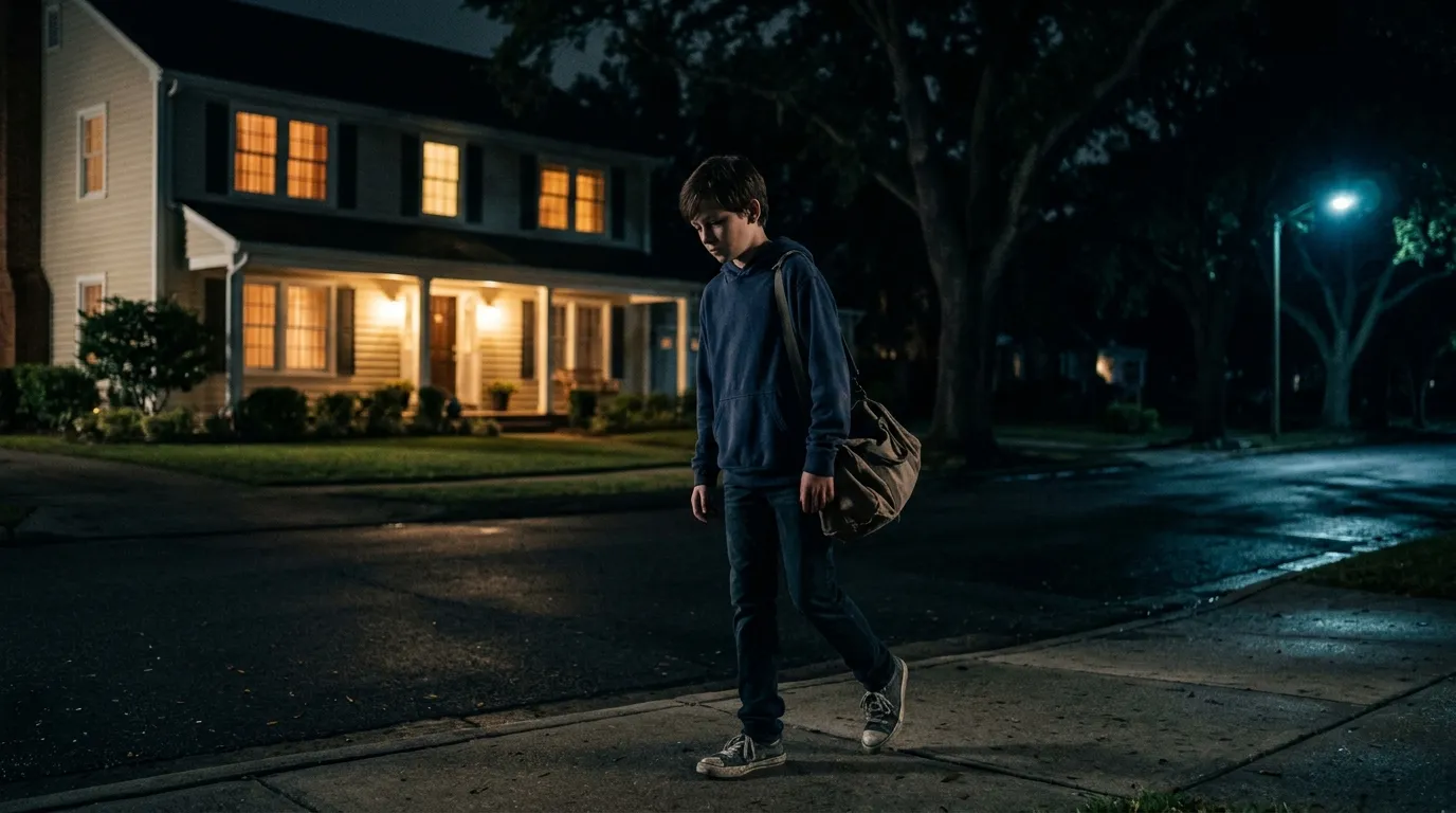 A twelve-year-old boy with a duffel bag walking away from a house at night.