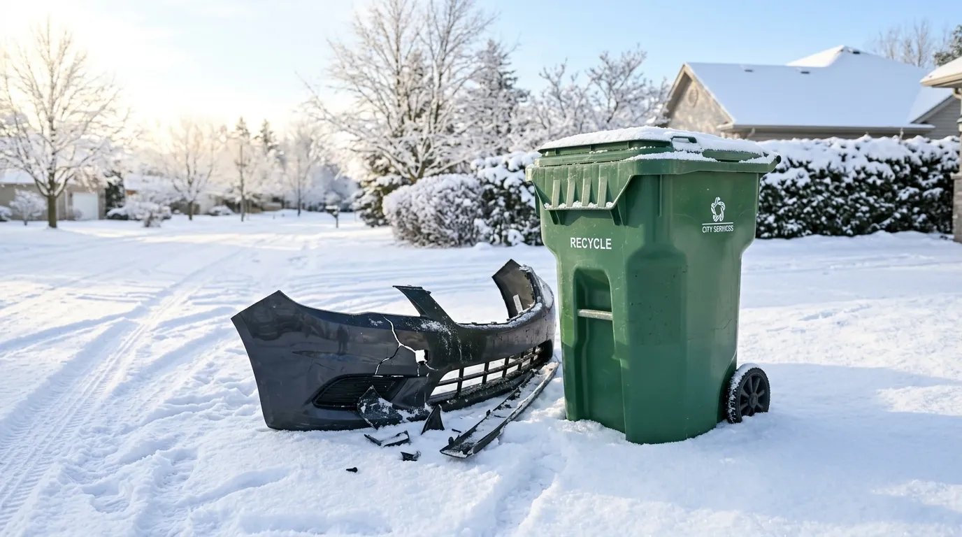 A piece of a broken car bumper lying in the snow next to a sturdy trash bin
