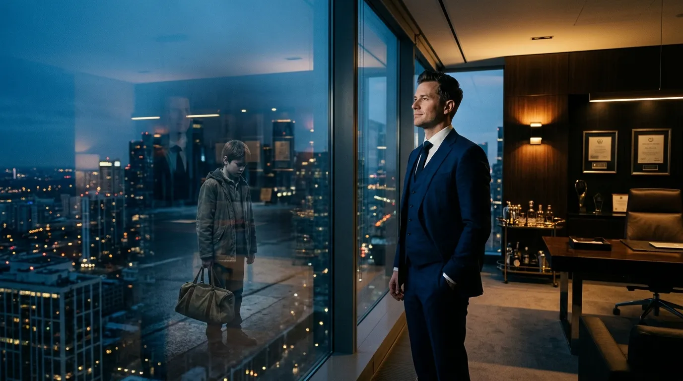 A successful CEO stands alone in a high-rise office at night, looking out at the city skyline.