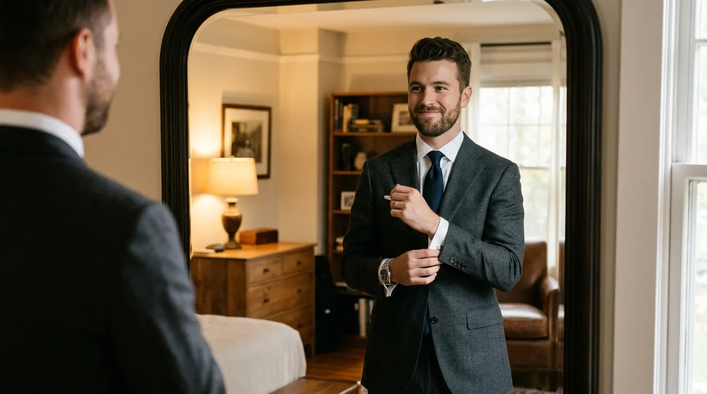Confident adult man adjusting his simple charcoal suit in the mirror