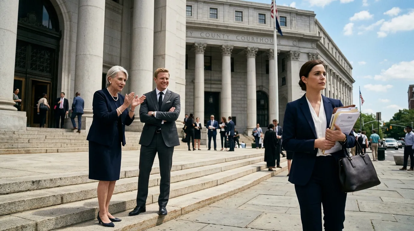 Patricia clapping mockingly outside the courthouse while Grant smiles and Allison holds her divorce papers.