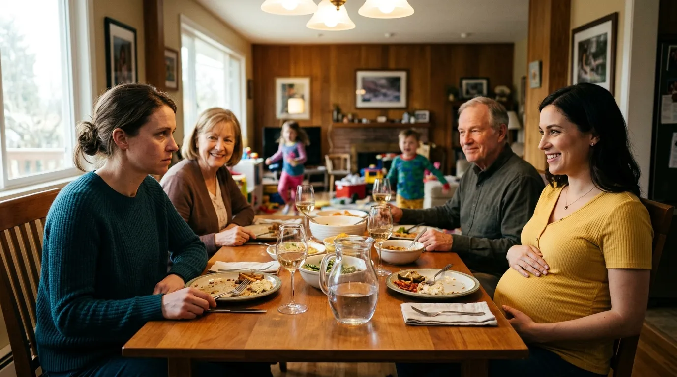 Tense family dinner where pregnant sister-in-law smiles smugly while sister looks exhausted.