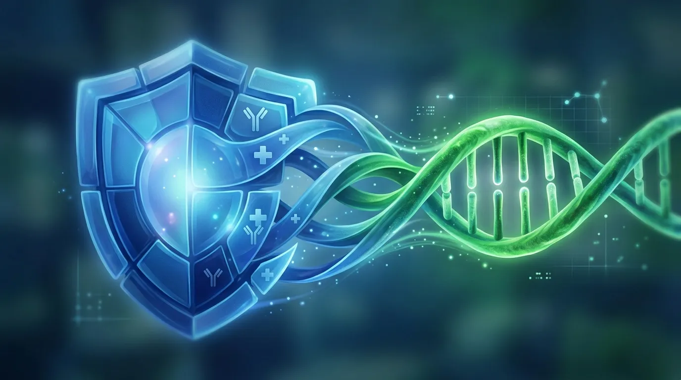 Conceptual 3D rendering of a protective shield morphing into a DNA double-helix