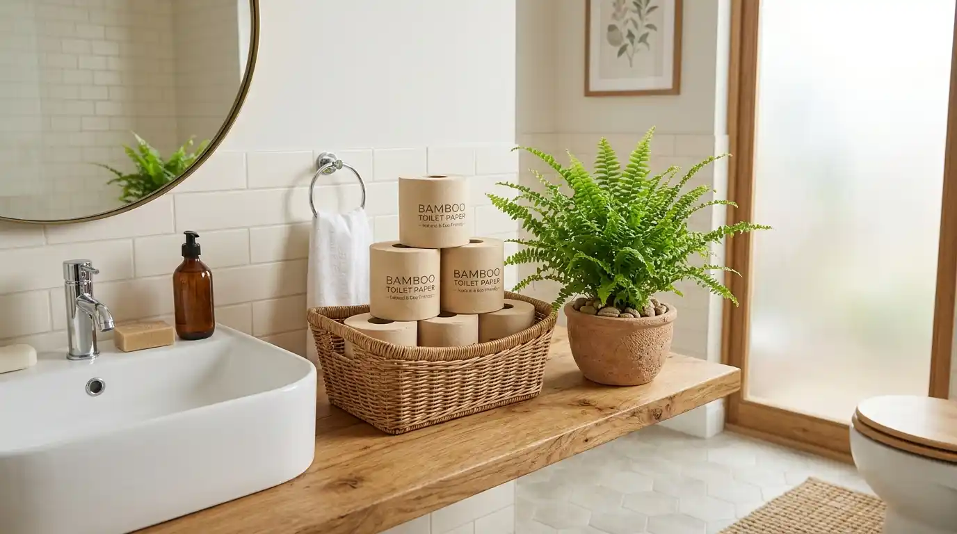 Natural bamboo toilet paper rolls in a wicker basket next to a green fern in a bright bathroom.