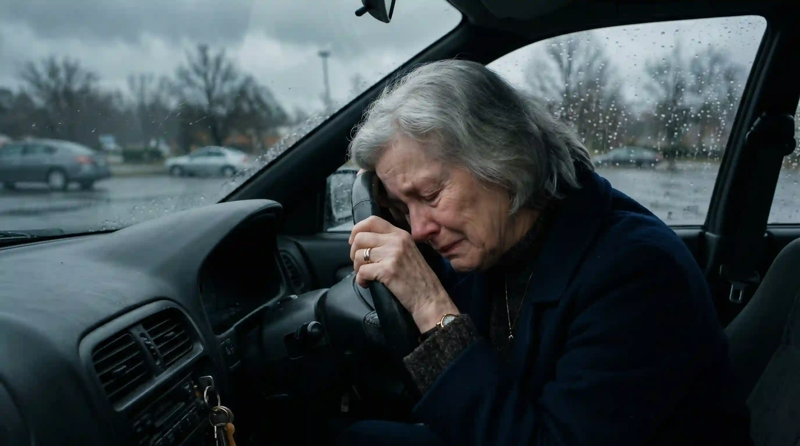 An elderly woman crying alone in the driver's seat of a parked car