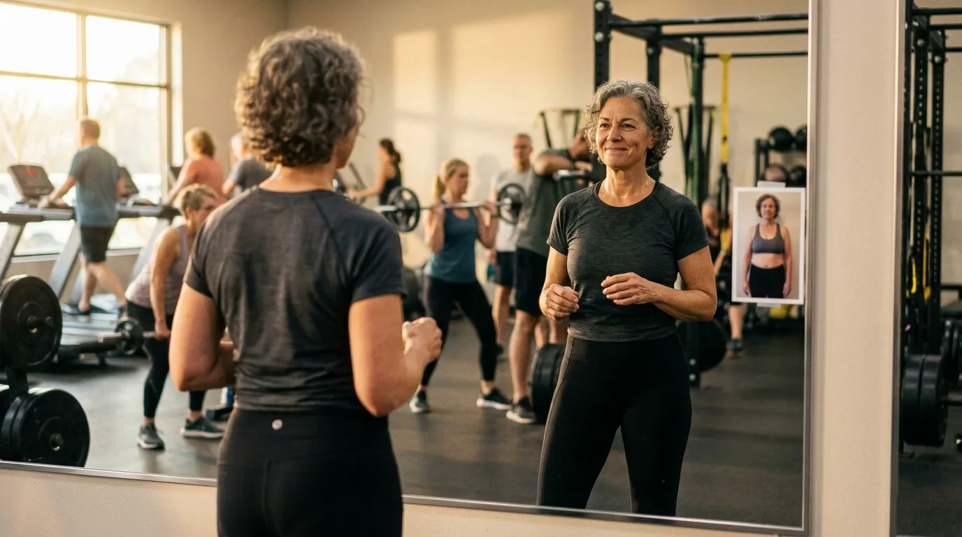 A woman feeling empowered in a gym.