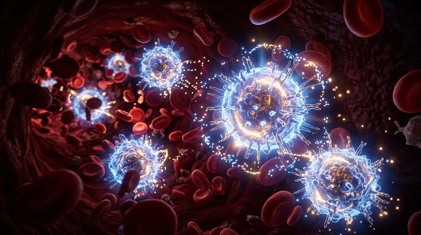 Glowing 3D illustration of microscopic immune cells in a bloodstream