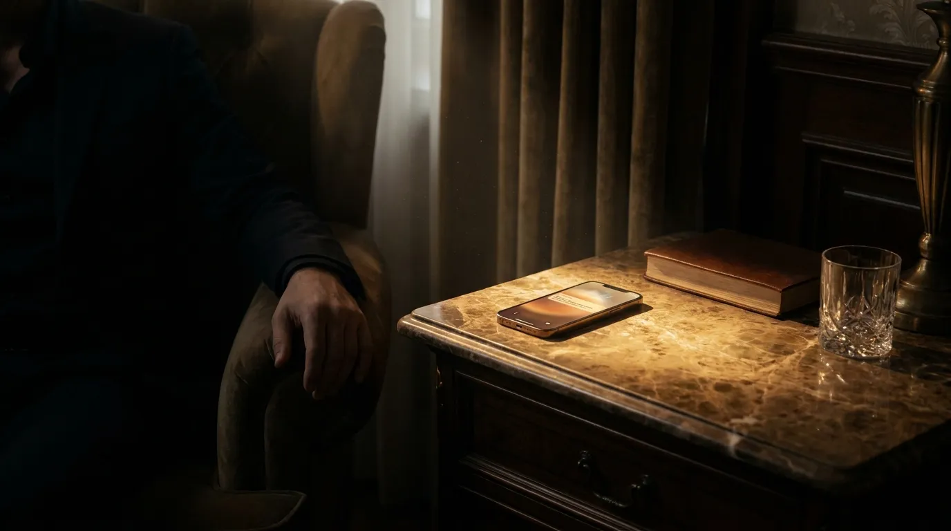 A glowing smartphone on a dark marble nightstand in a luxury bedroom