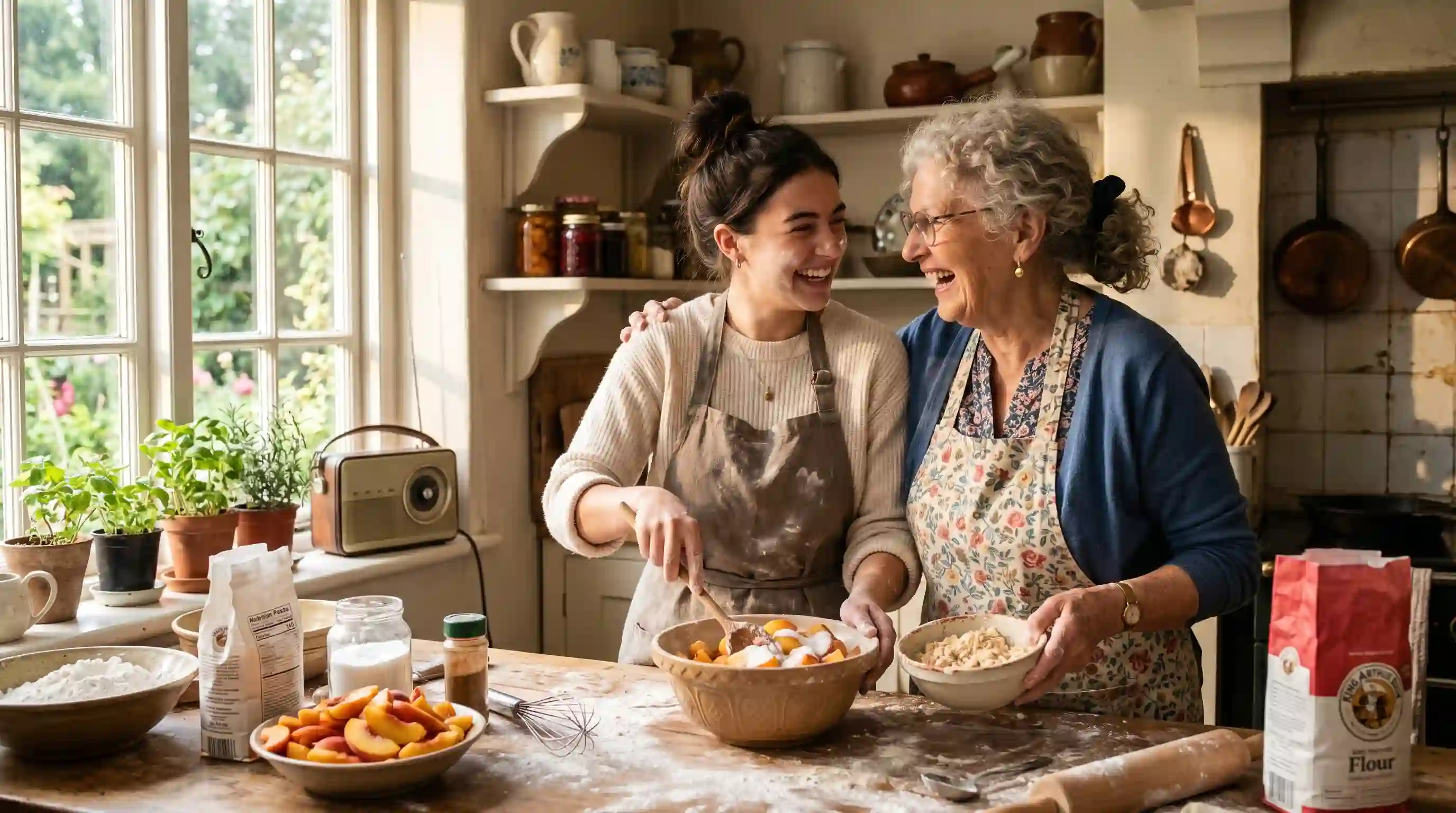 An elderly woman and her granddaughter laughing while baking a peach cobbler in a sunny kitchen