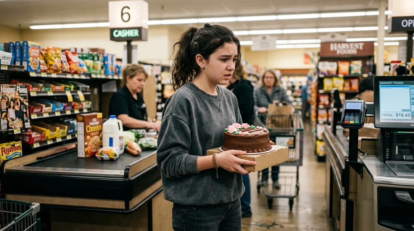 A teenage girl anxiously holding a chocolate cake at a grocery store checkout