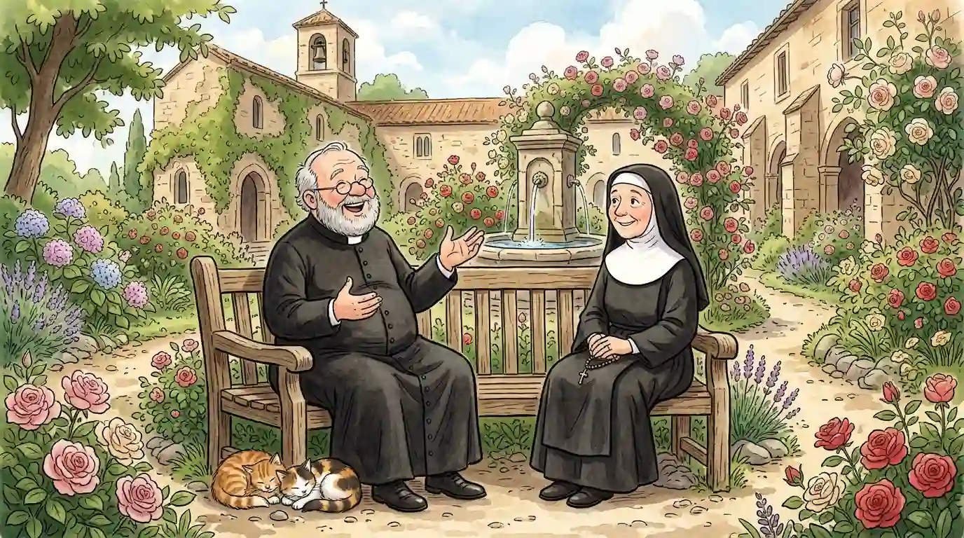 A jovial priest and a sweet nun sitting on a wooden bench in a beautiful convent garden.