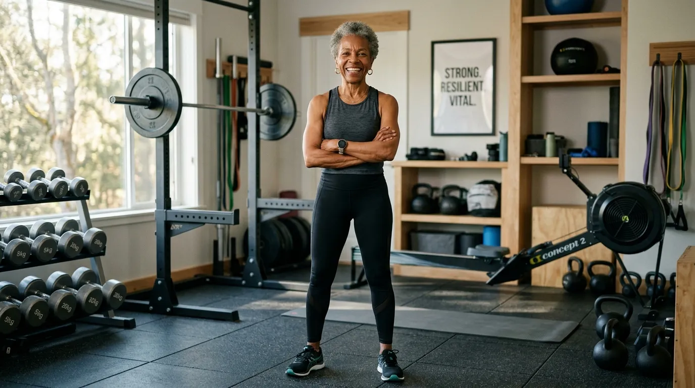 A fit 71-year-old woman smiling in her home gym.