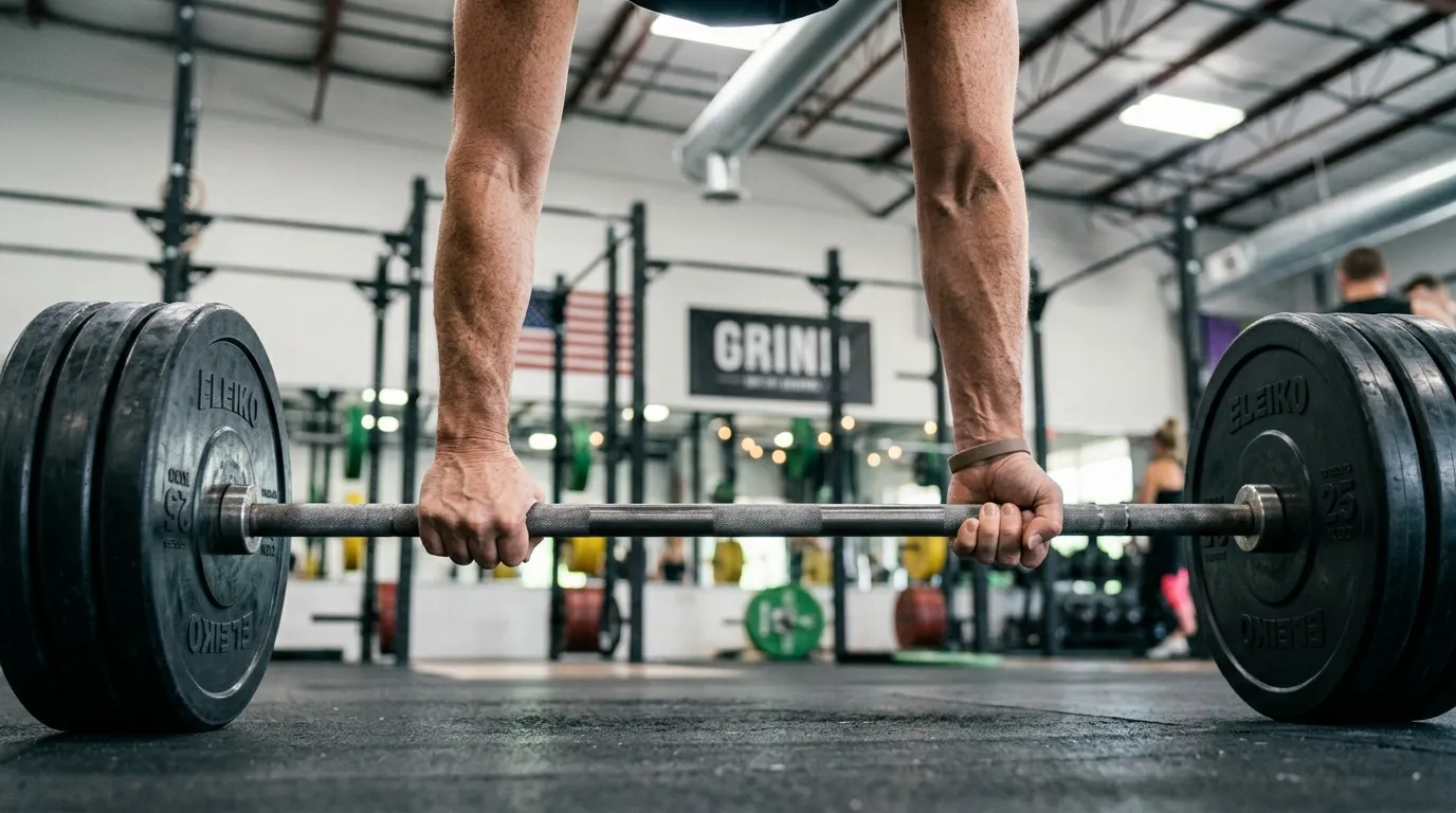 Hands lifting a heavy barbell.