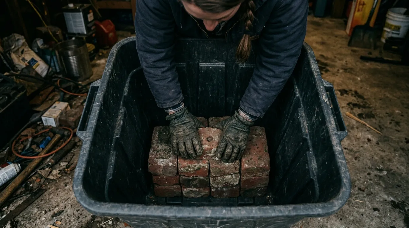 Hands wearing winter gloves loading heavy old bricks into a trash bin