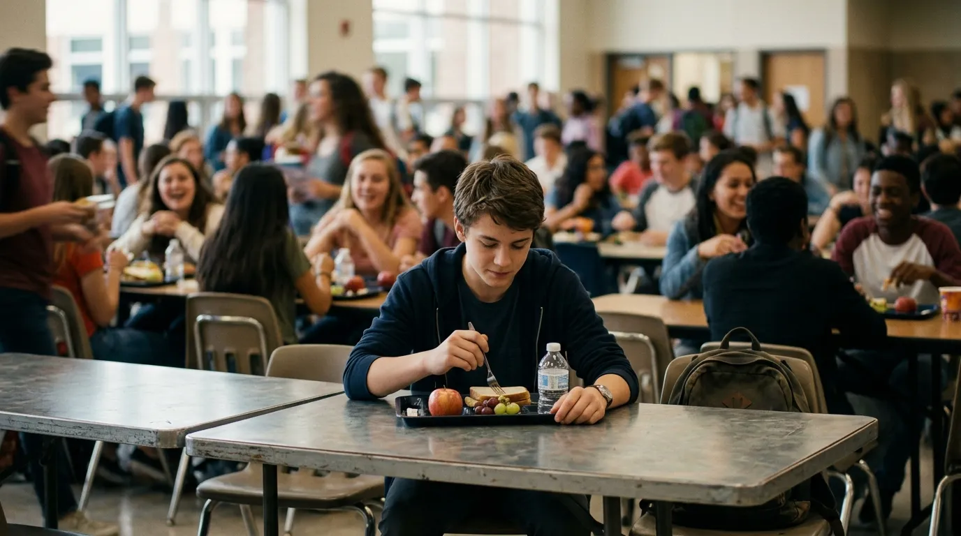Teenage boy eating lunch alone in a crowded school cafeteria