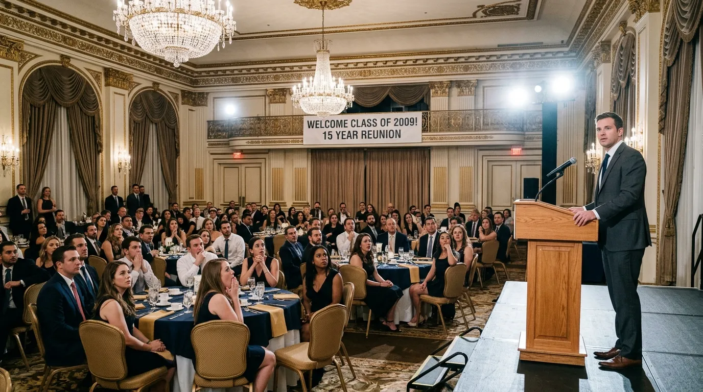 Man in a suit standing on stage delivering a speech to a stunned audience