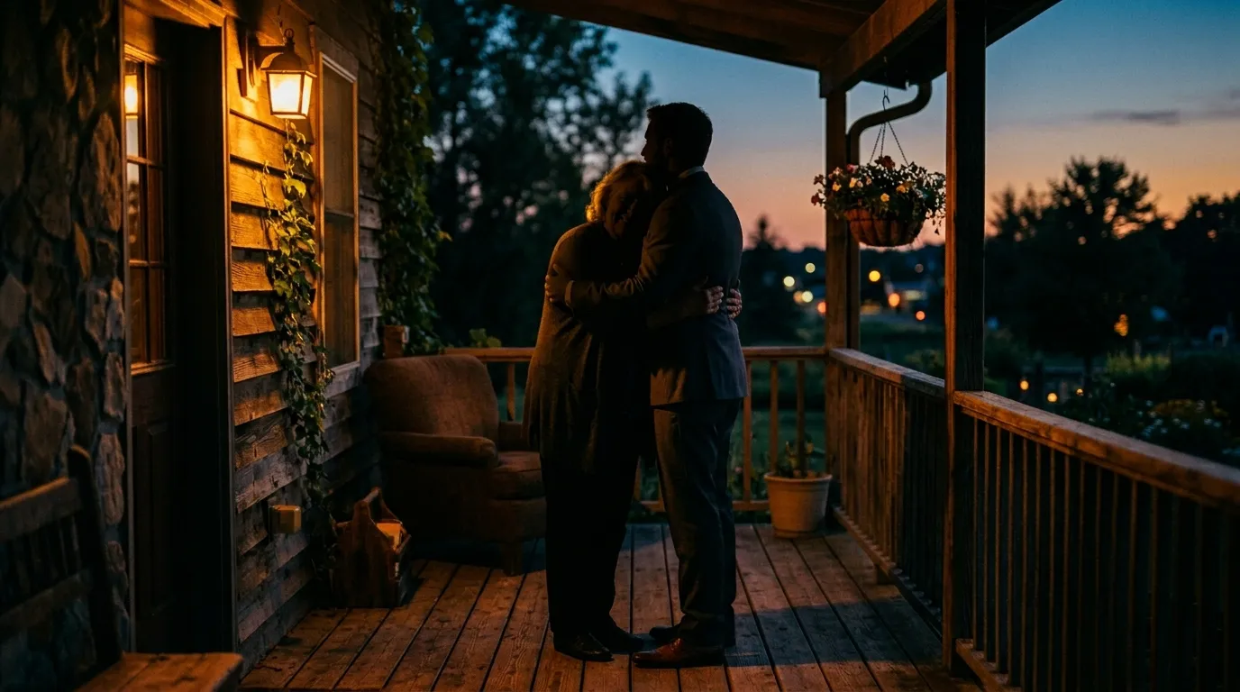 Silhouette of a mother and adult son sharing a triumphant, peaceful moment on a porch