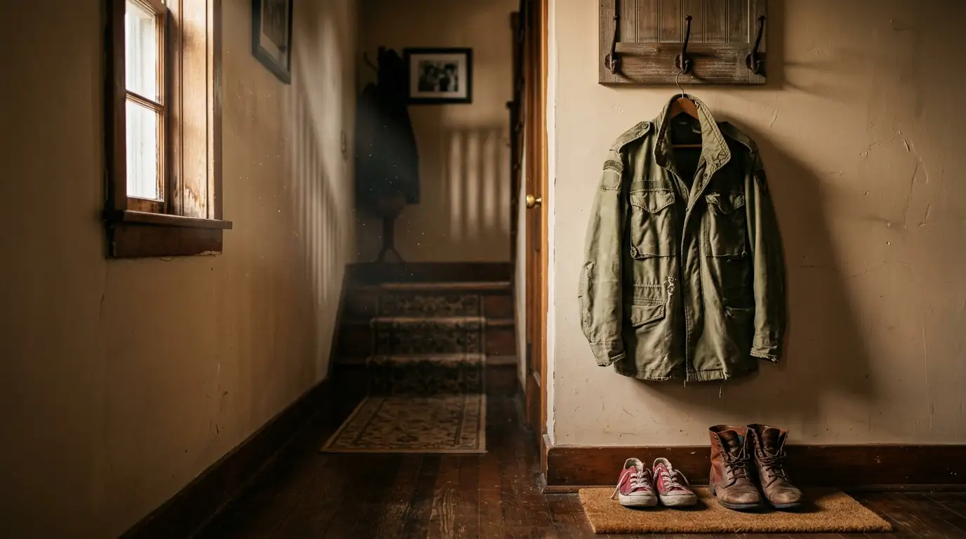 A faded olive-green military jacket hanging on a coat hook in a dimly lit hallway