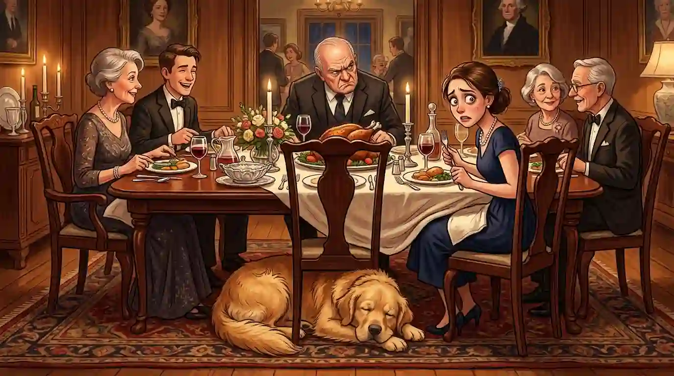 A nervous young woman at a formal dinner table with a golden retriever sleeping under her chair.