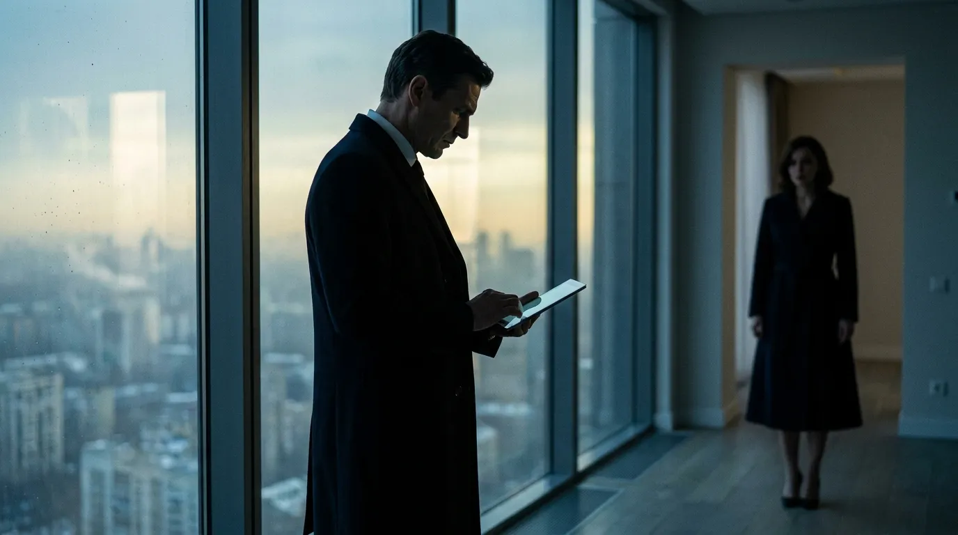 Commanding man in tailored suit showing tablet to a woman