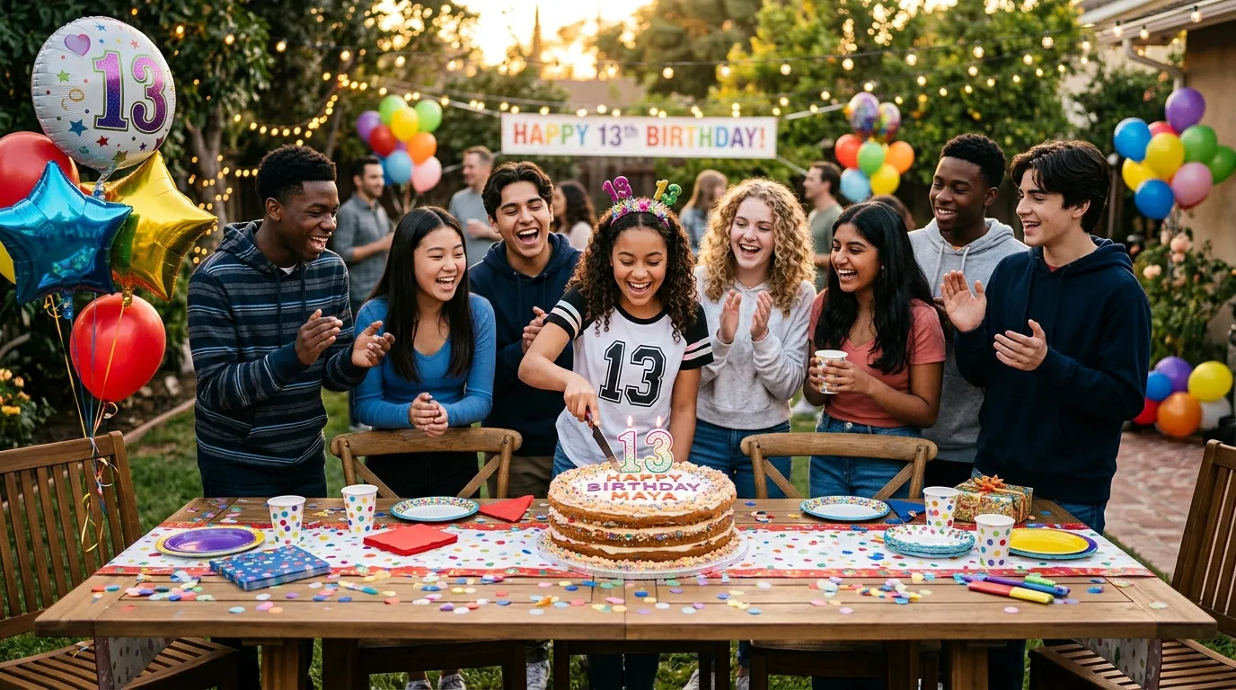 Eight teenagers gathered around a large birthday cake celebrating their 13th birthday