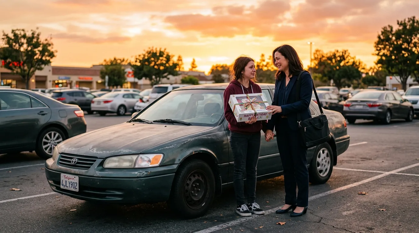 Two women standing in a sunset-lit parking lot, sharing a deeply emotional revelation