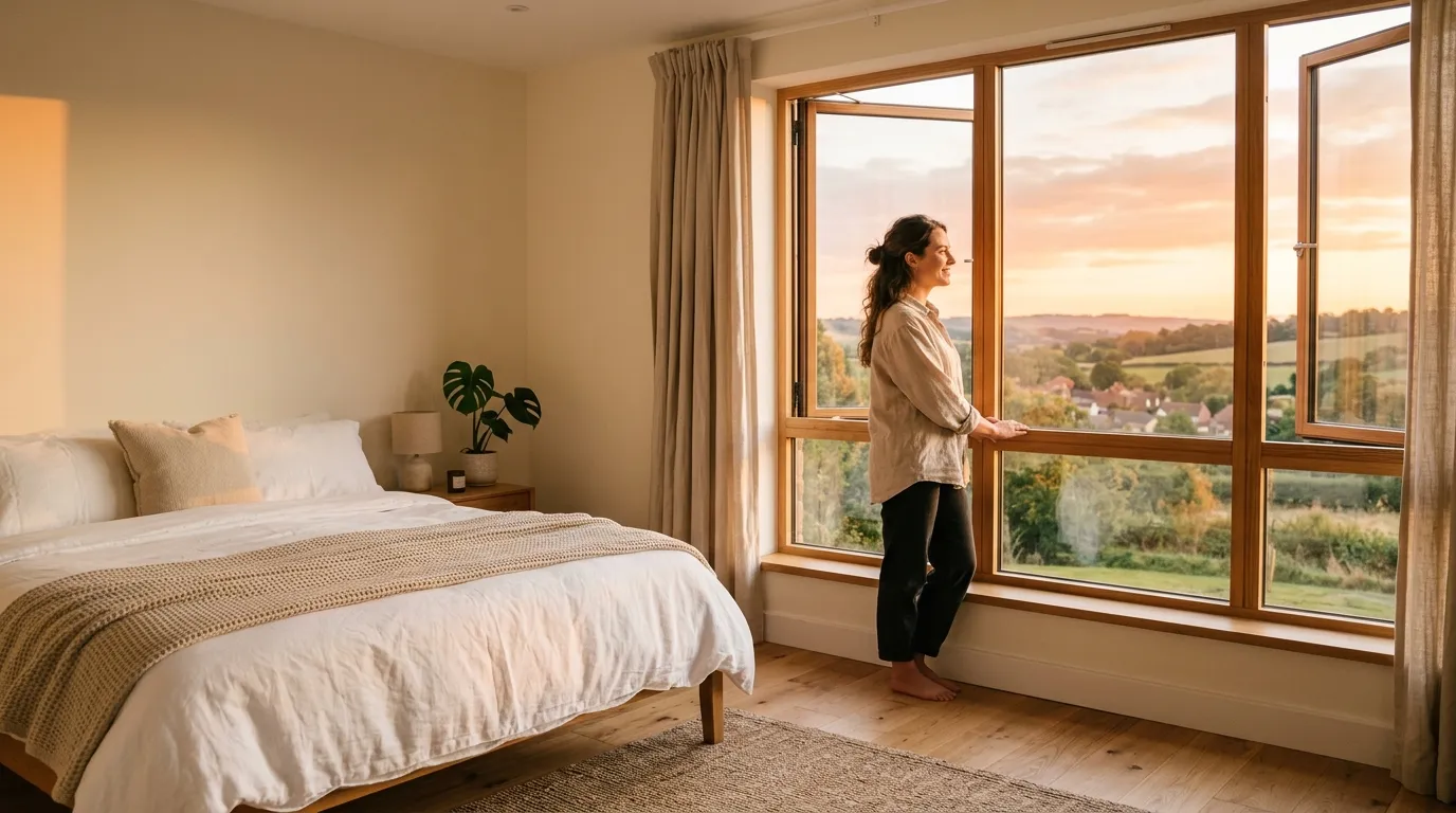 Allison smiling peacefully out of the window of a bright, sunlit empty bedroom.