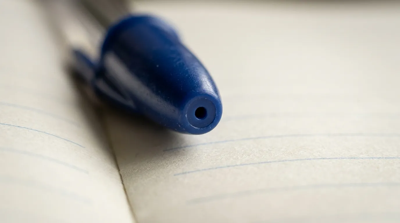 Close-up of a ballpoint pen cap showing the small hole at the tip