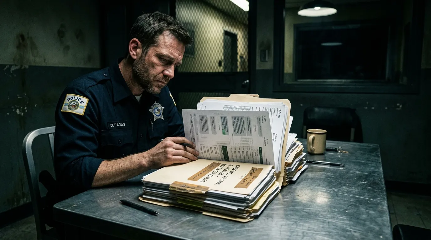 Police officer looking at a folder full of printed text messages and schedules.