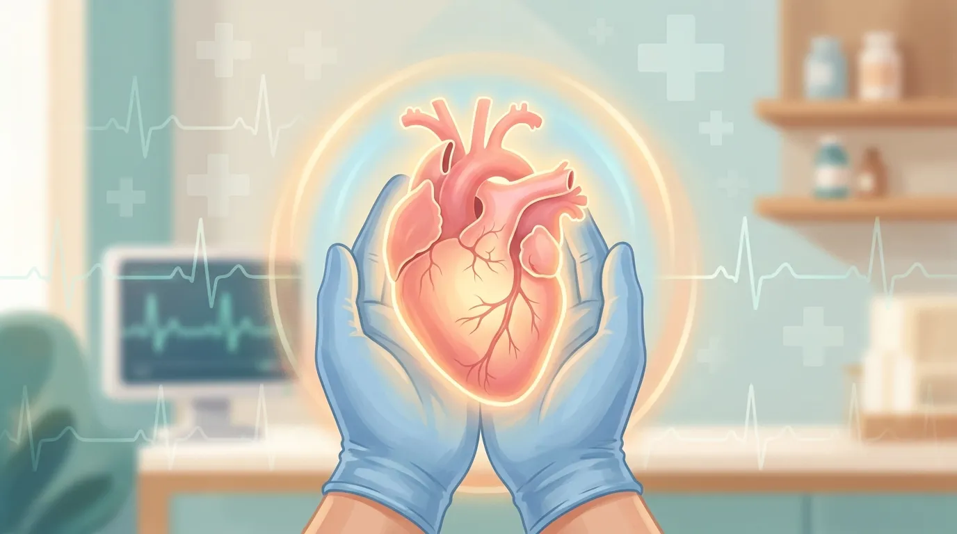 Stylized comforting illustration of a human heart glowing with a protective aura