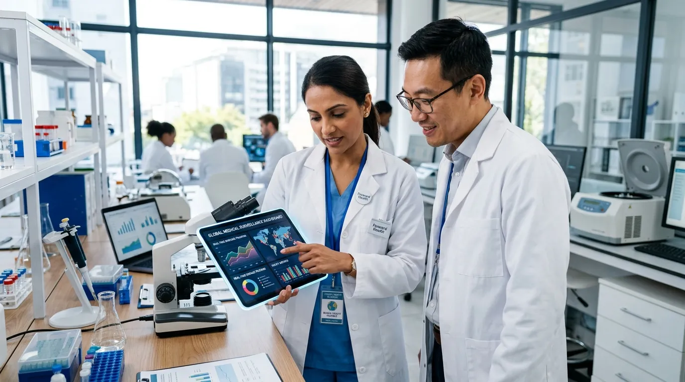 Two modern scientists in white lab coats analyzing glowing digital data charts