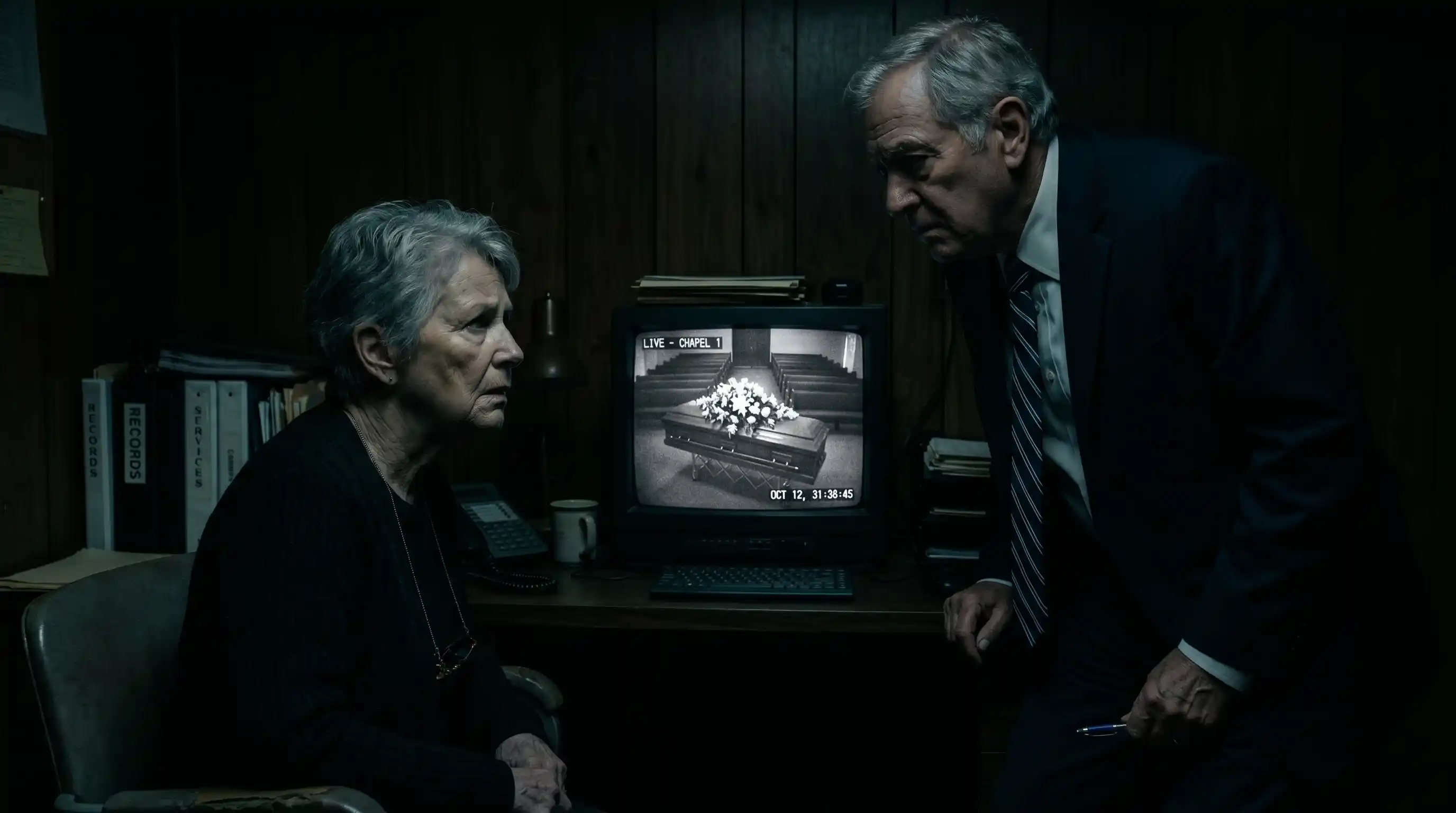 A dark office with a security monitor showing an empty funeral chapel and closed casket