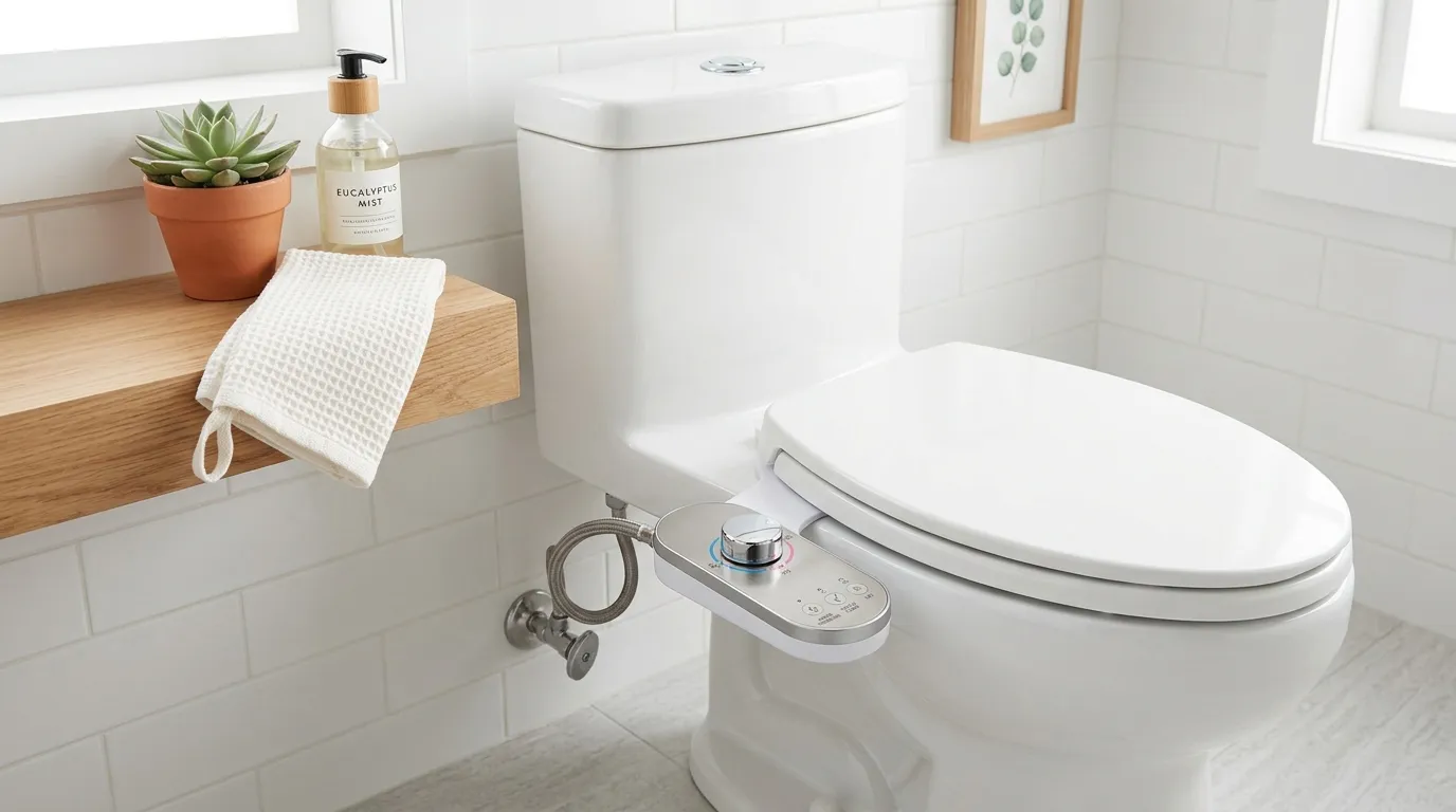 A close-up of a sleek, modern bidet attachment on a clean white toilet.