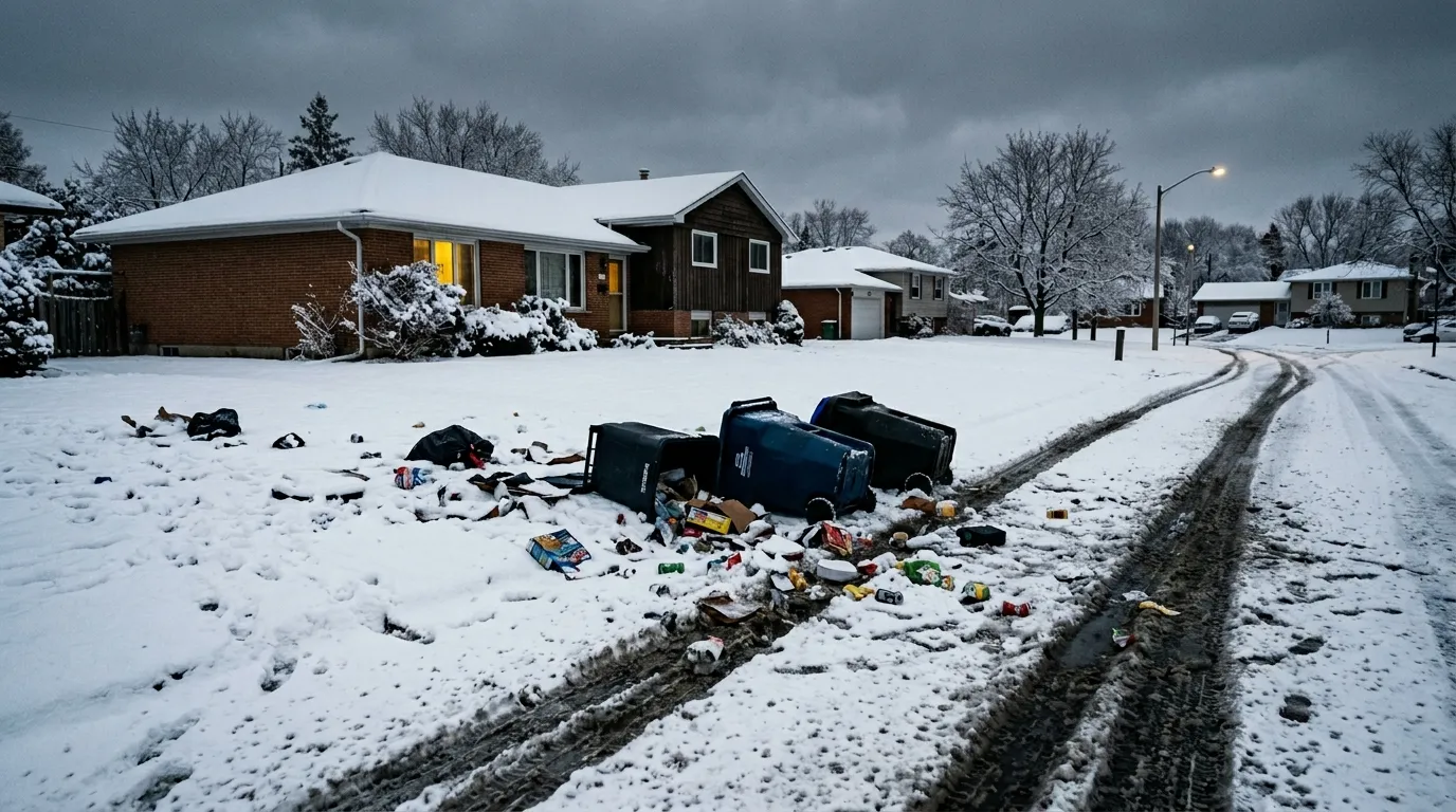 Garbage spilled across a snow-covered lawn with deep tire tracks