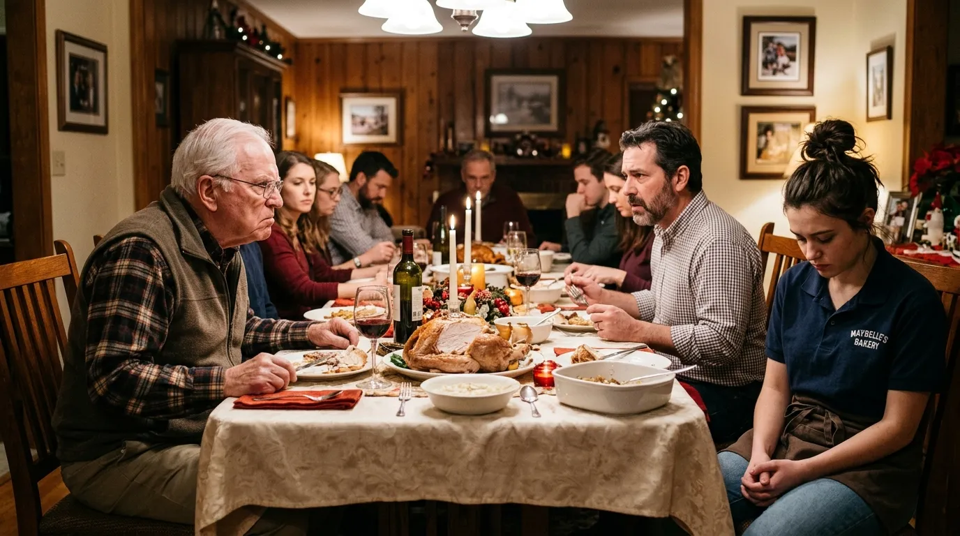 Tense Thanksgiving dinner table as Grandpa stares angrily at the father while the daughter looks down.