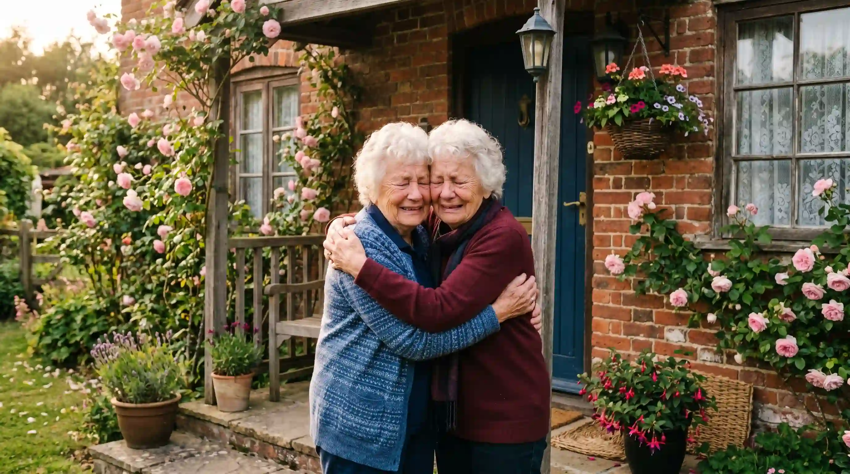 Two identical elderly women hugging tightly on a front porch, crying