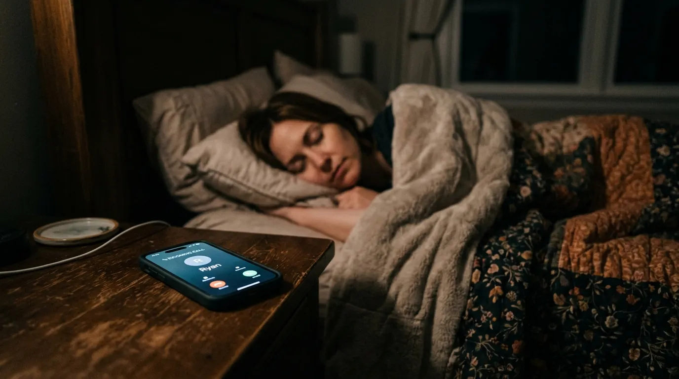 Smartphone glowing in the dark showing an incoming call from Ryan, while a woman sleeps in the background.