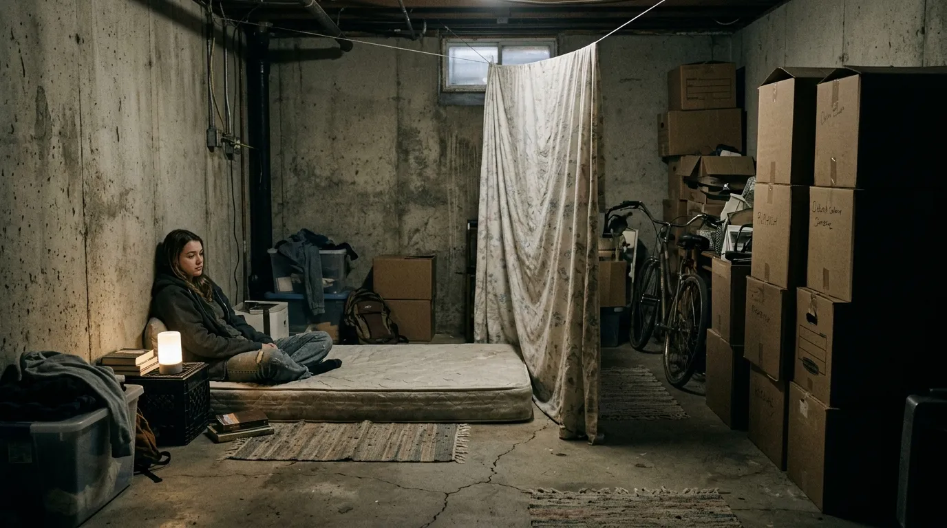 A dark, unfinished basement with a bed behind a hanging sheet.