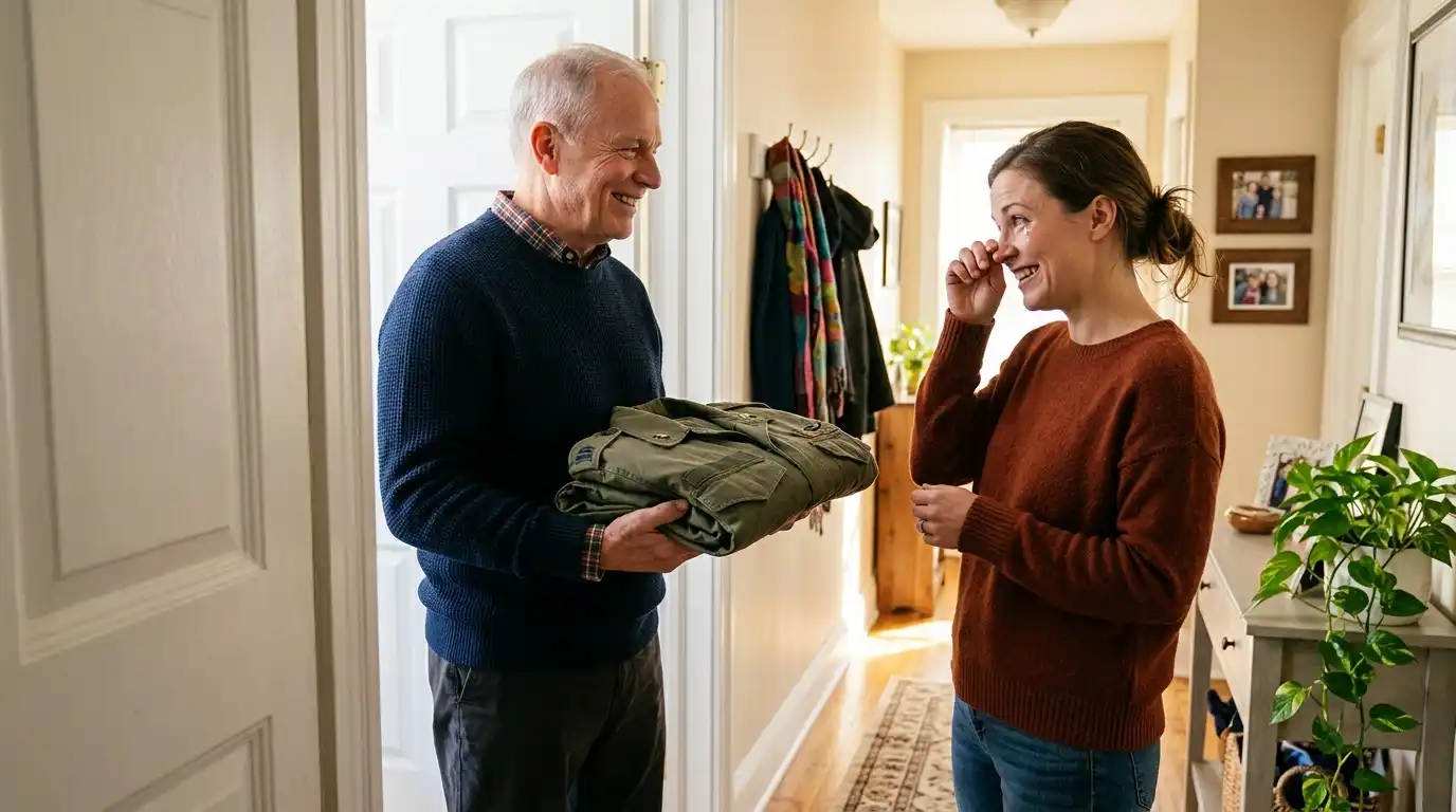 Clean-shaven older veteran returning a neatly folded military jacket to a smiling, tearful woman