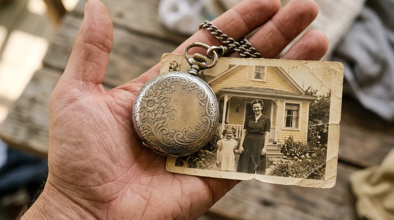 A vintage silver pocket watch resting on a faded photograph of a yellow house
