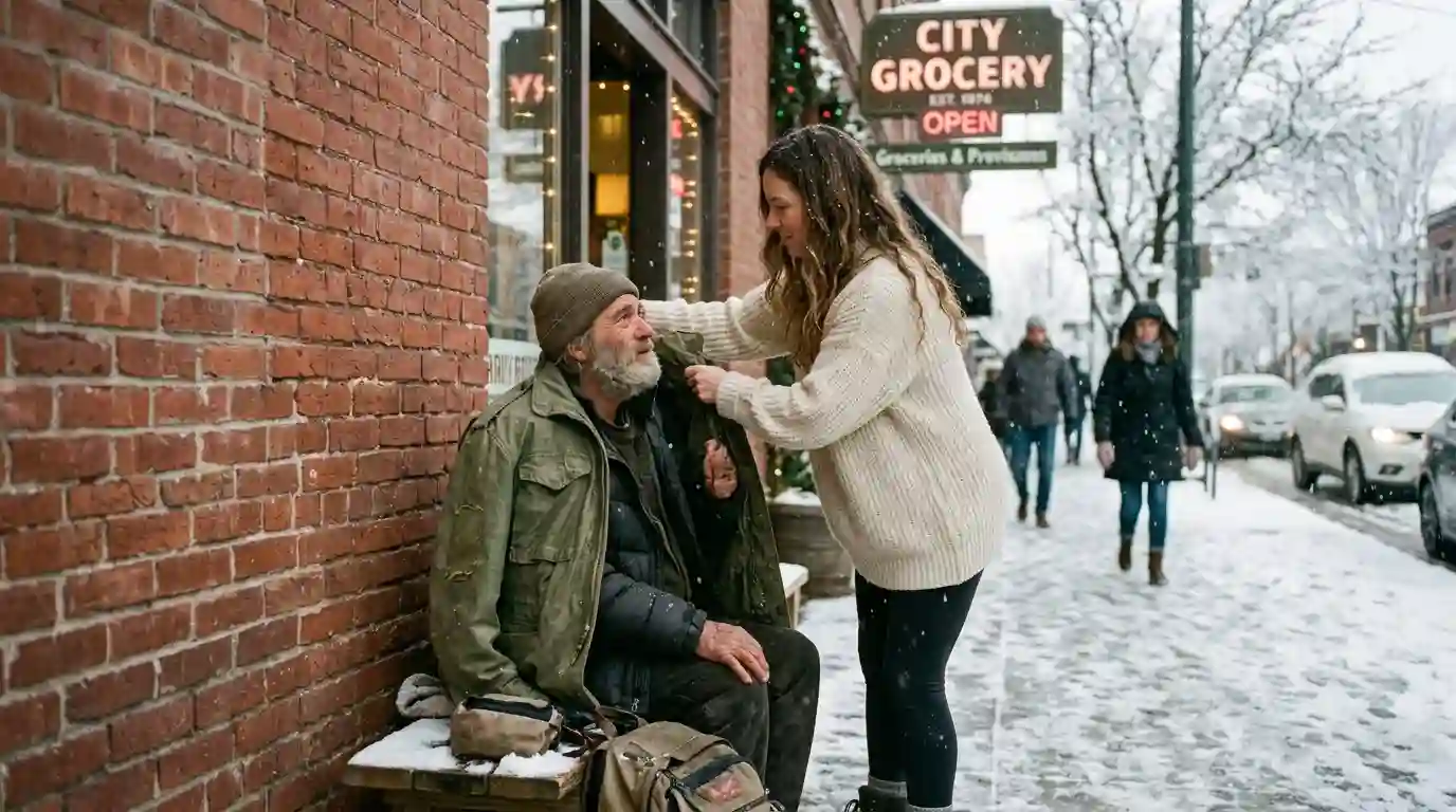 Woman placing a military jacket over the shoulders of a freezing veteran outside a store