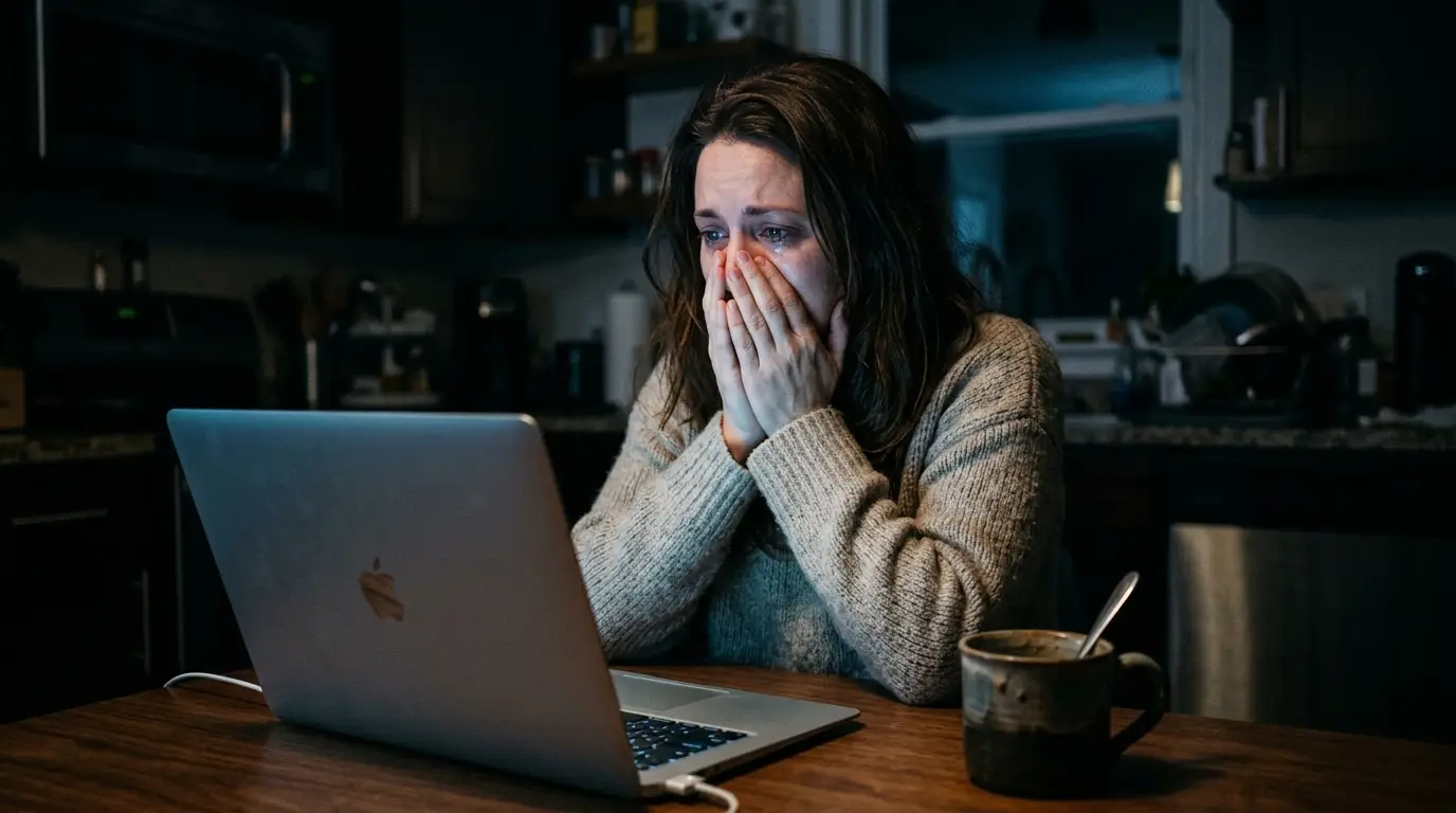 Woman sitting at a laptop in a dark room, covering her mouth in complete shock