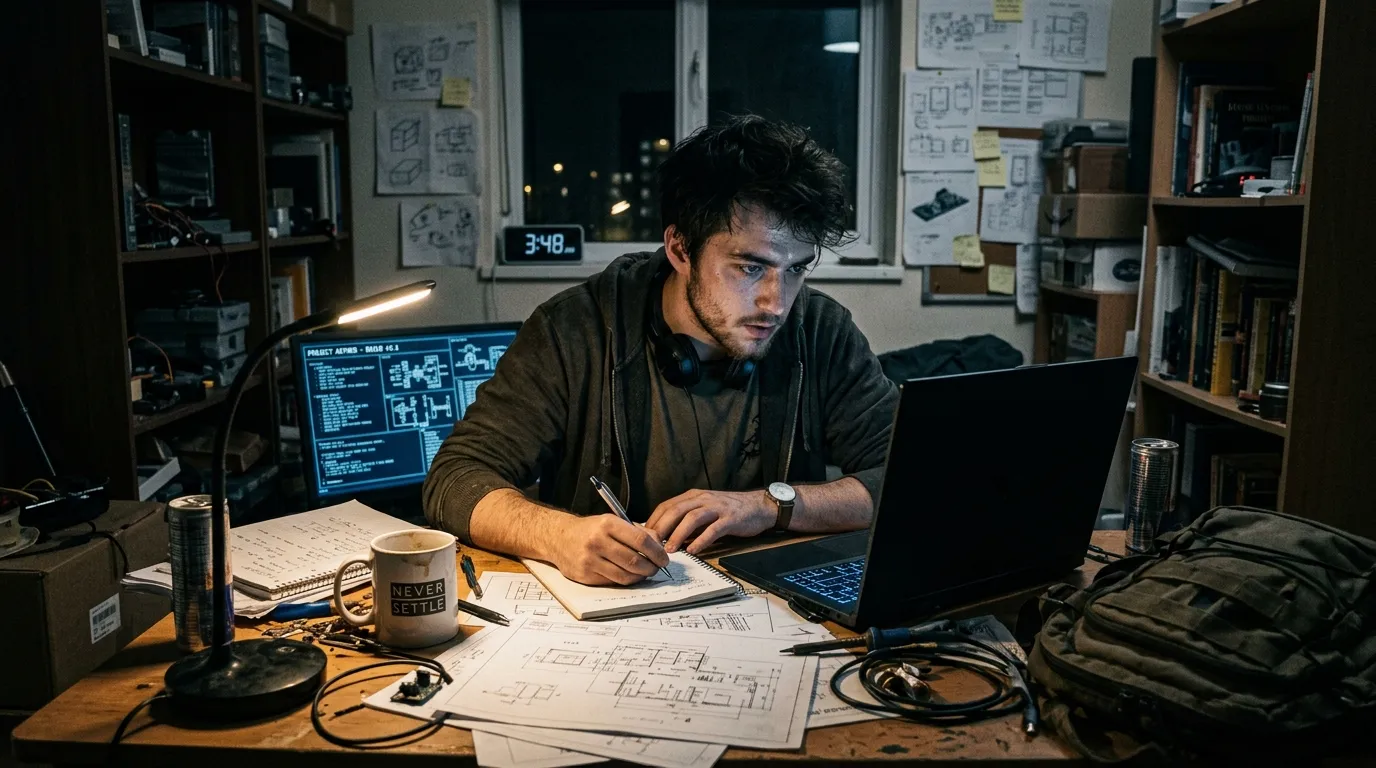 Young adult working late at night in a dimly lit room, intensely focused.