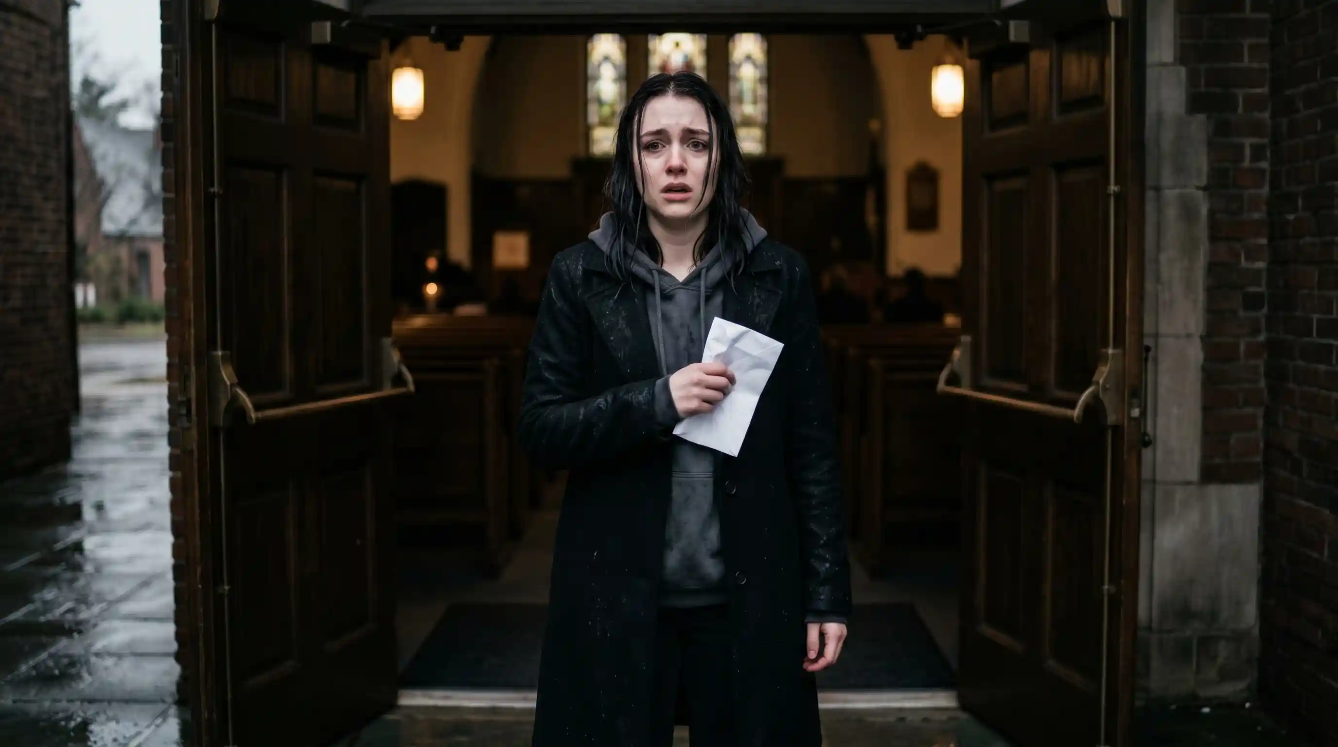 A young woman in a wet sweatshirt holding a letter, crying in the doorway of a funeral chapel