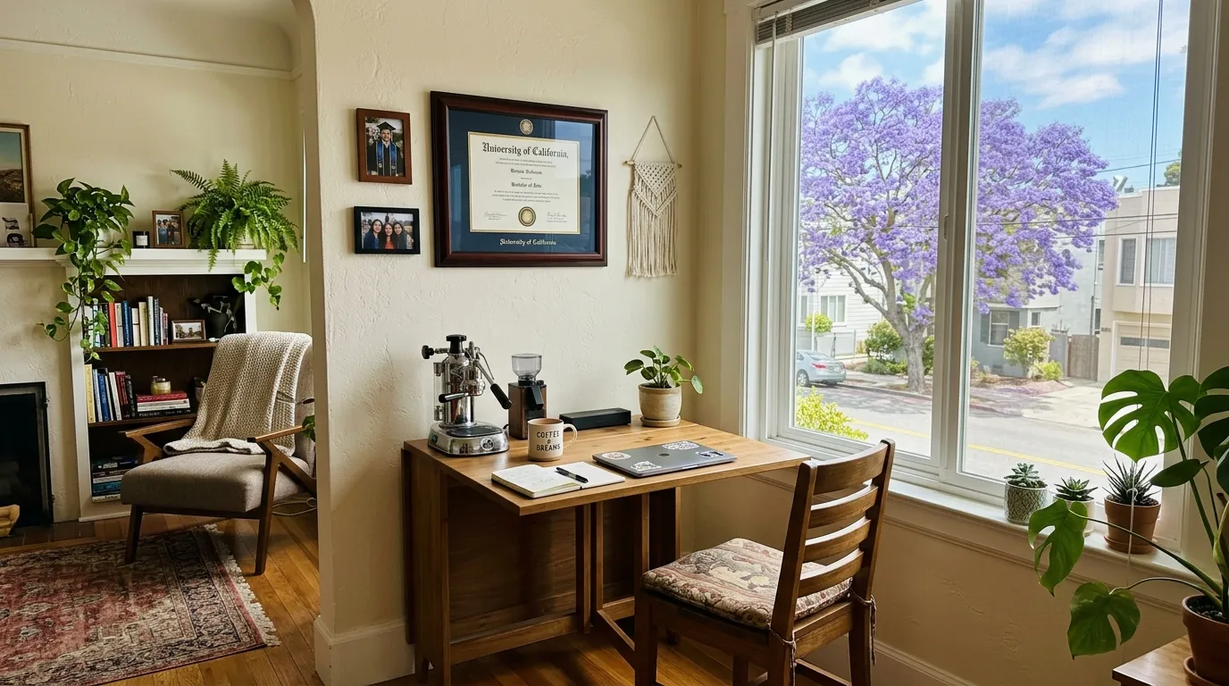 A cozy, sunlit apartment interior with a desk, an espresso machine, and a framed college degree on the wall, overlooking a blooming jacaranda tree.