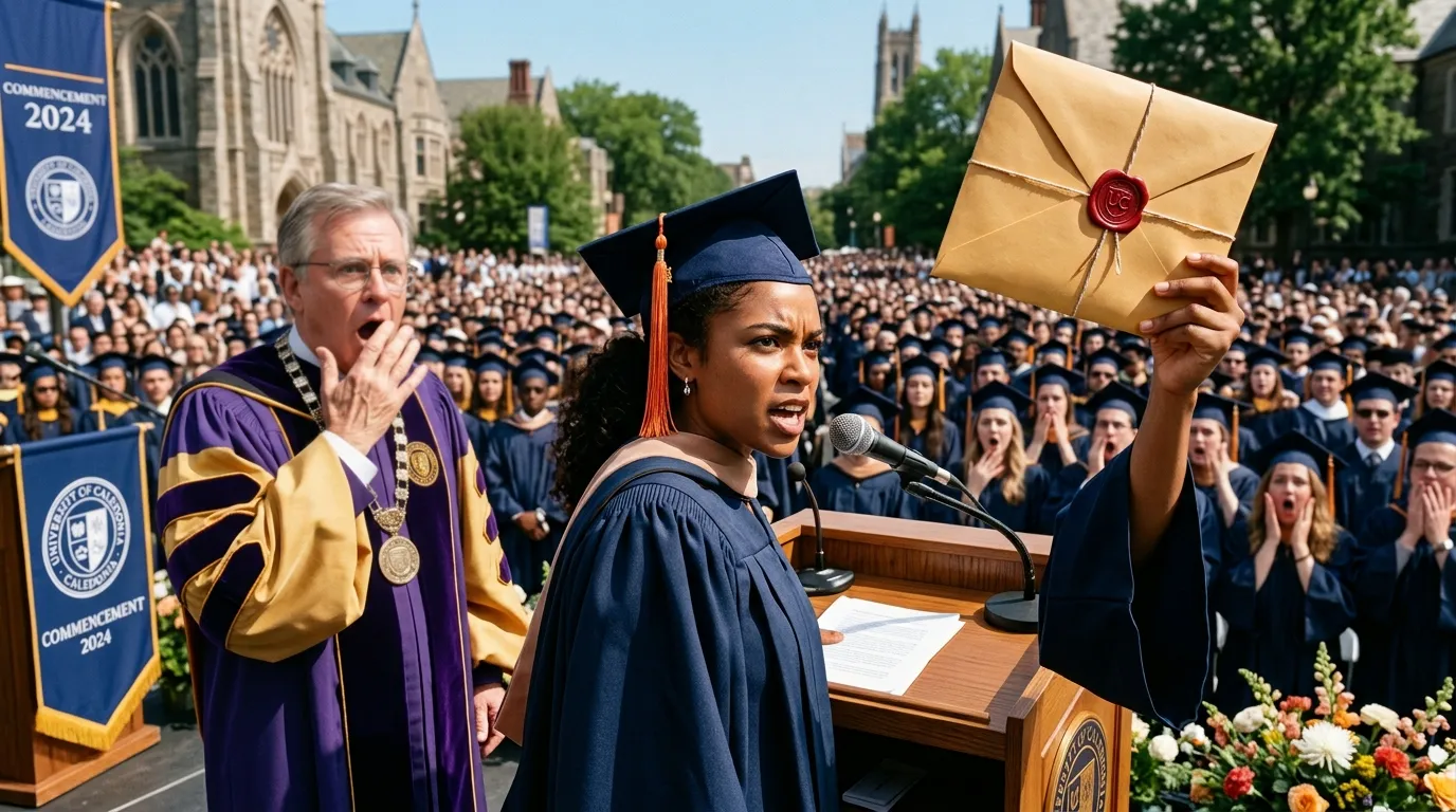 A graduate at a podium holding a thick manila envelope while the crowd watches in shock.