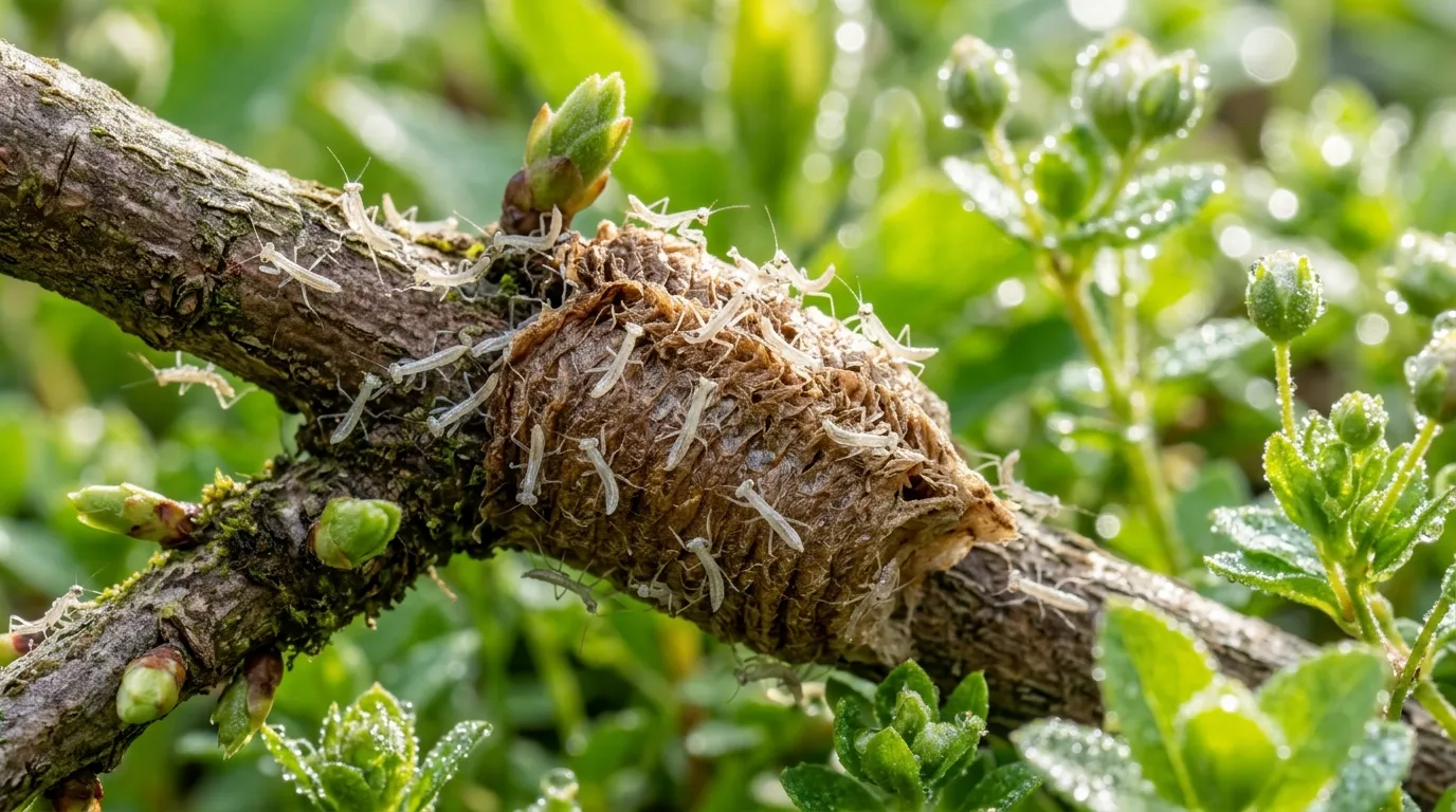 Dozens of tiny baby praying mantises emerging from a brown egg case